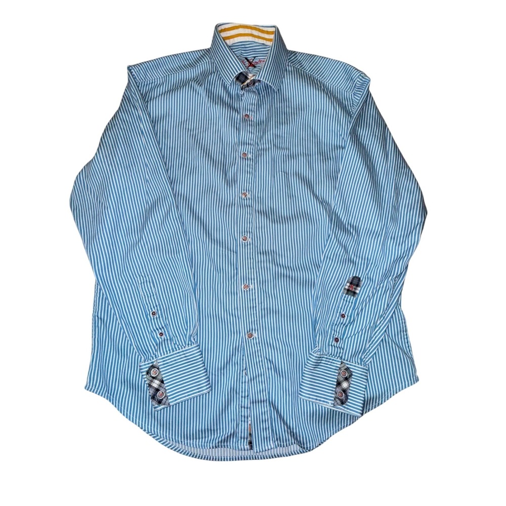 Robert Graham Shirt Mens XL Blue White Striped Contrast Cuff Plaid Business XL